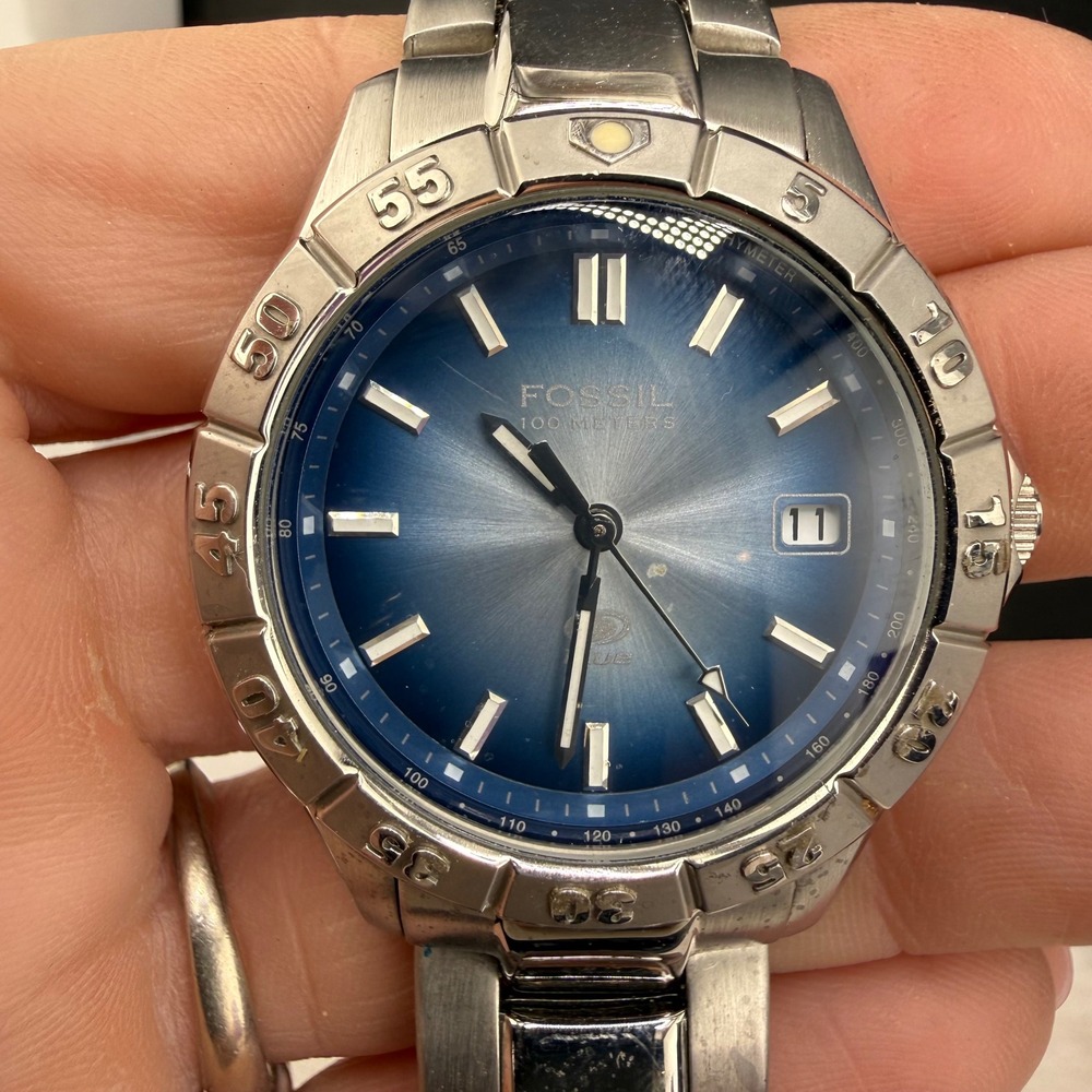 Vintage Fossil Watch Blue Dial Stainless Steel BQ-9034 Tachymeter 40mm